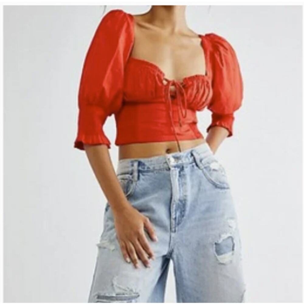 NEW Free People Addison Red Corset Smocked Puff Sleeve Top Large Cottagecore